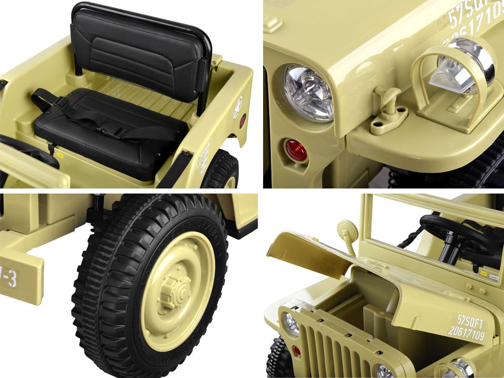 Karinis elektromobilis Willys + nuotolinio valdymo pultelis - smėlio spalvos kaina ir informacija | Elektromobiliai vaikams | pigu.lt