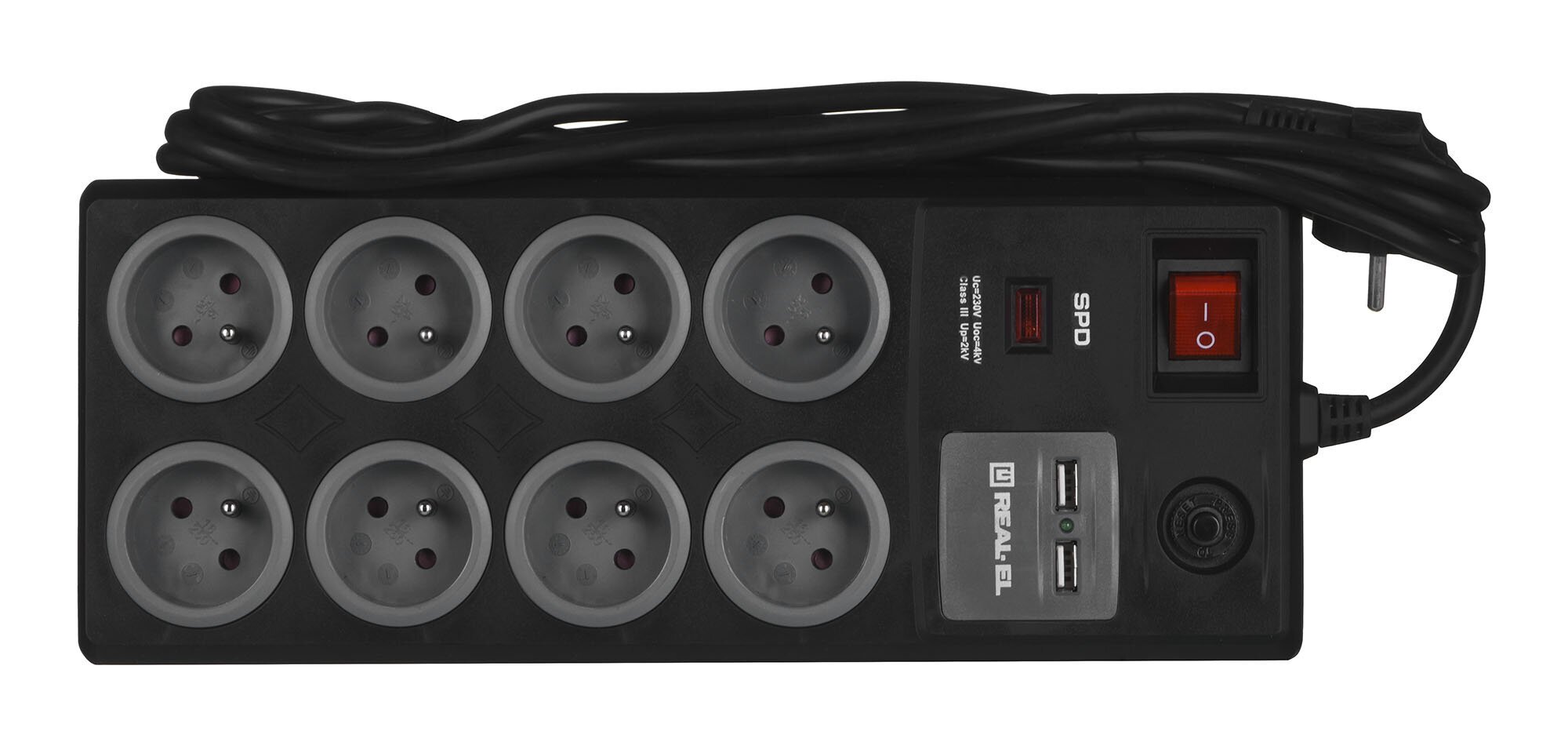 Real-EL FRS-8F USB įkrovimas Maitinimo laidas su apsauga nuo viršįtampių 2x USB 3 m Juodas kaina ir informacija | Prailgintuvai | pigu.lt