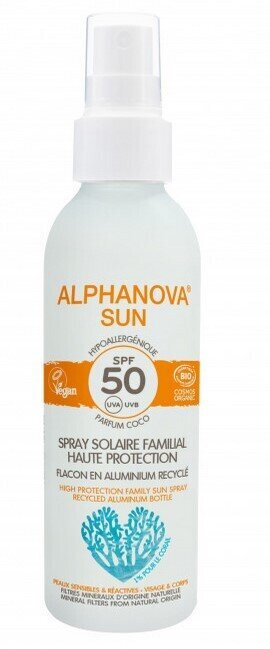 Purškiklis nuo saulės Alphanova Sun Sun spray familial SPF50, 150 g цена и информация | Kremai nuo saulės | pigu.lt