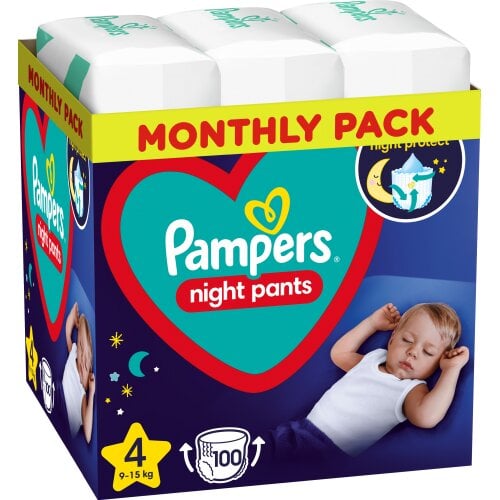 Sauskelnės-kelnaitės Pampers Night Pants Monthly Pack, 4 dydis, 9-15 kg, 100 vnt. kaina ir informacija | Sauskelnės | pigu.lt