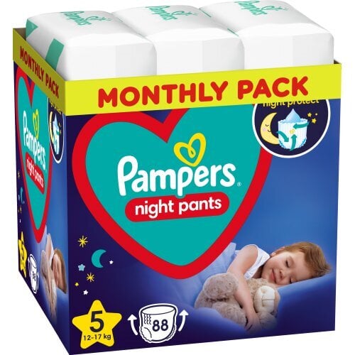 Sauskelnės-kelnaitės Pampers Night Pants Monthly Pack, 5 dydis, 12-17 kg, 88 vnt. kaina ir informacija | Sauskelnės | pigu.lt