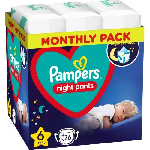 Sauskelnės-kelnaitės Pampers Night Pants Monthly Pack, 6 dydis, 15+ kg, 76 vnt. kaina ir informacija | Sauskelnės | pigu.lt