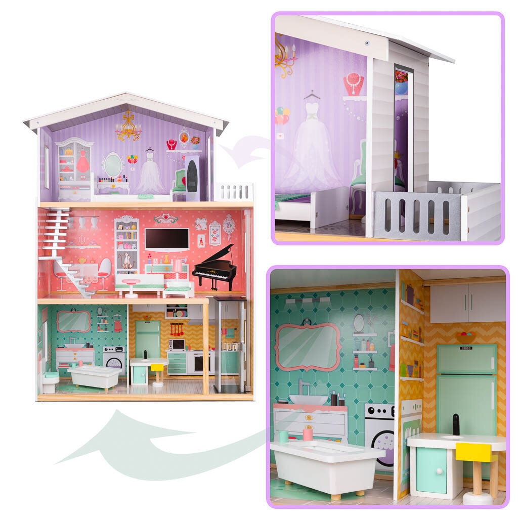 Medinis lėlių namelis su baldais, 117 cm kaina ir informacija | Žaislai mergaitėms | pigu.lt