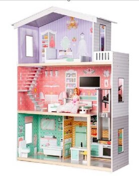 Деревянный кукольный домик + пастельная мебель 117см цена и информация | Игрушки для девочек | pigu.lt