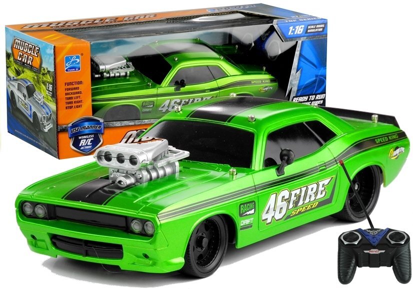 Nuotoliniu būdu valdomas automobilis Dodge Challenger 1:16, žalias kaina ir informacija | Žaislai berniukams | pigu.lt