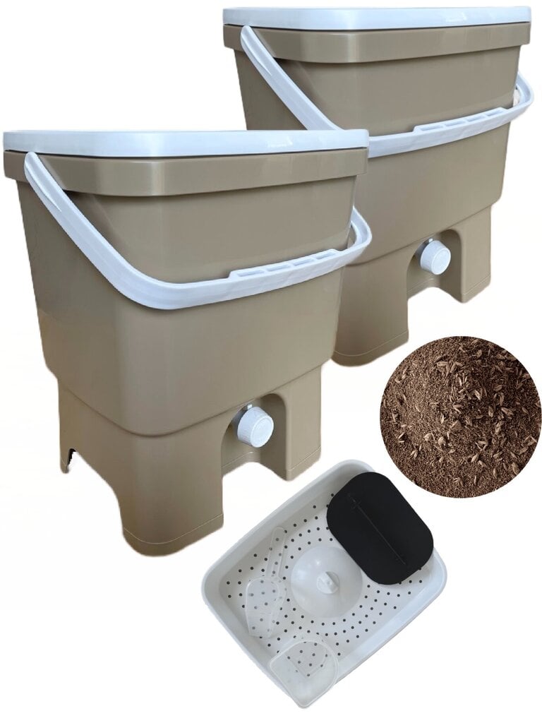 Virtuvinis komposteris Bokashi, dviguba pakuotė, Skaza Organko, 16 L, smėlio / baltos spalvos, 1kg Bokashi granulių kaina ir informacija | Komposto dėžės, lauko konteineriai | pigu.lt