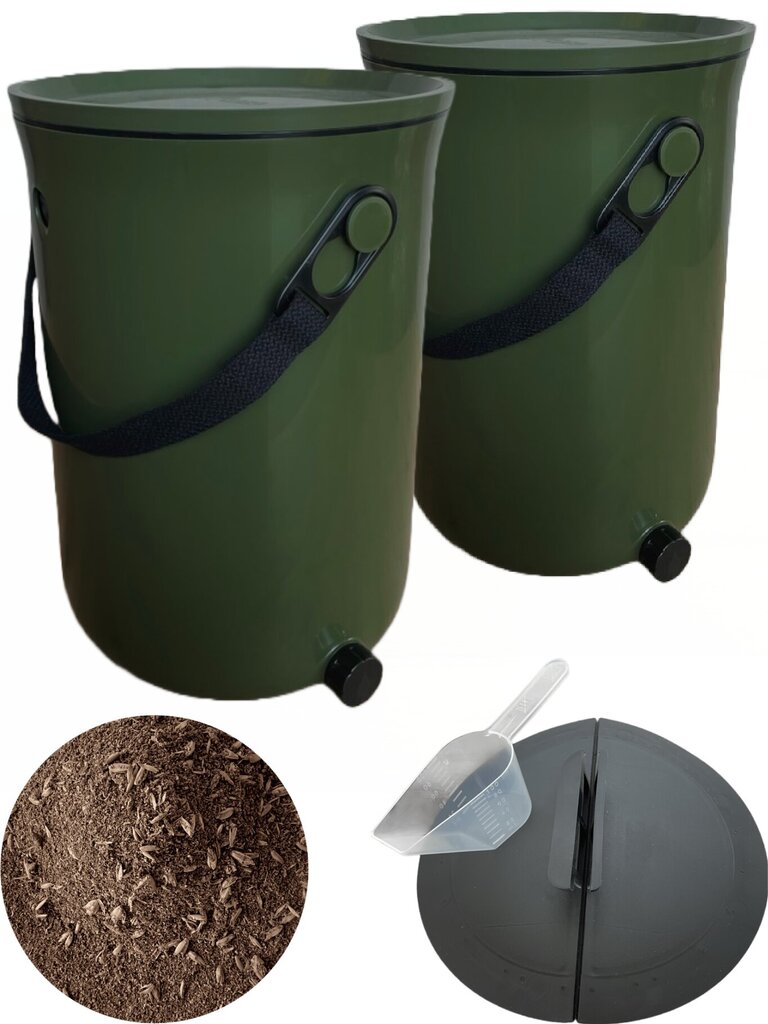 Virtuvinis komposteris Bokashi, dviguba pakuotė, Skaza Organko 2, 9,6 L, alyvuogių žalios spalvos, 1kg Bokashi granulių цена и информация | Komposto dėžės, lauko konteineriai | pigu.lt