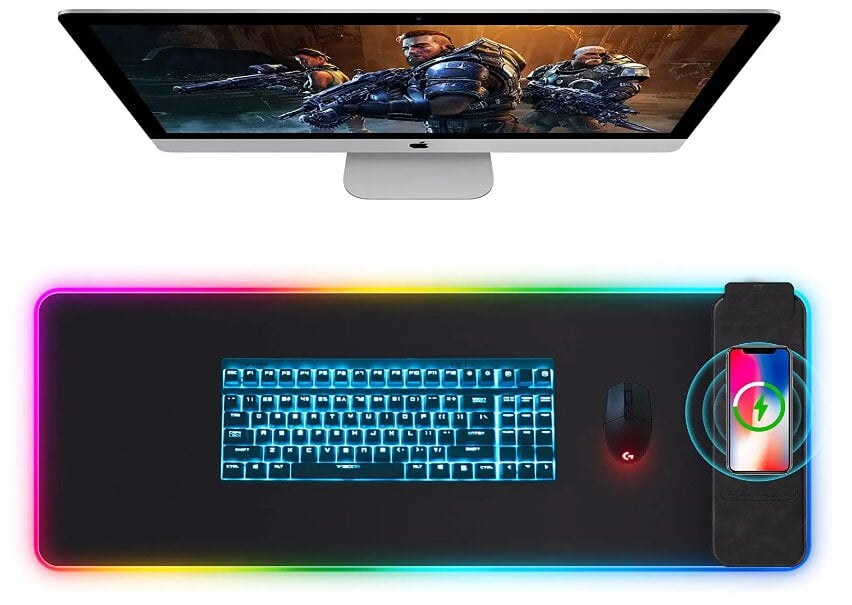 RGB žaidimų pelės kilimėlis su belaidžiu įkrovikliu, minkštas klaviatūros kilimėlis, 30x80cm , 10W kaina ir informacija | Pelės | pigu.lt
