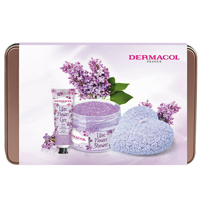 Rinkinys Dermacol Lilac Flower Care: rankų kremas 30 ml + kūno šveitiklis 200 g + kvapnioji žvakė kaina ir informacija | Kūno šveitikliai | pigu.lt