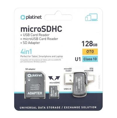 Platinet 4-in-1 microSD 128GB + kortelių skaitytuvas + OTG + adapteris kaina  | pigu.lt