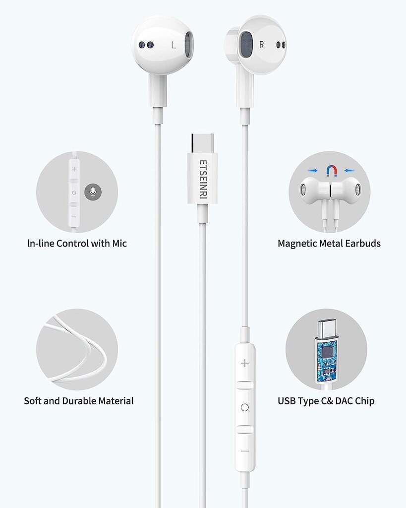 Проводные наушники Наушники USB C, наушники типа C, наушники магнитного USB  Type C с микрофоном и регулятором MIC, наушники C, совместимые с SAM.SUNG  S20 S21, G.OOGLE PIXEL 3/4/5, HUA.WEI P30 Pro Pro