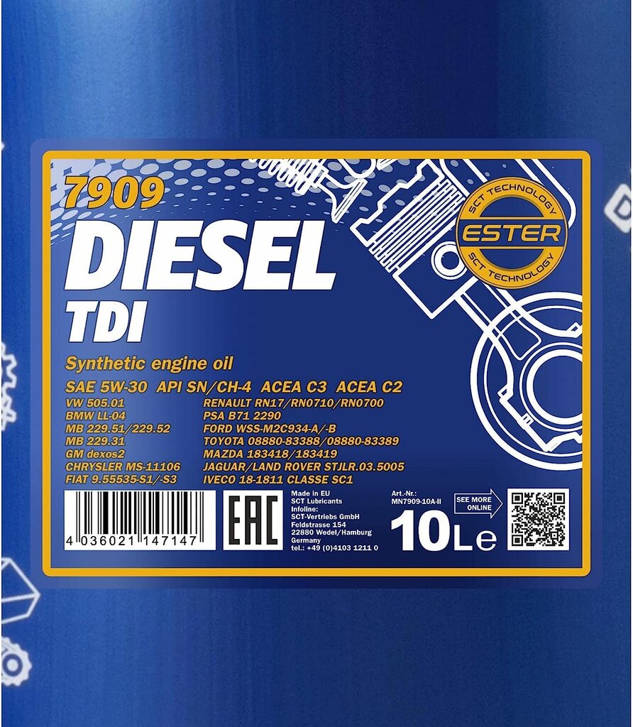 Mannol Diesel TDI 5W-30 API SN/CF variklių alyva, 10 l цена и информация | Variklinės alyvos | pigu.lt