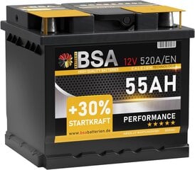 Батарея автомобиля BSA 55AH 12V Аккумулятор 520A/EN +30% начальная производительность заменена 44AH 45AH 50AH 52AH 46AH 47AH 53AH цена и информация | Аккумуляторы | pigu.lt