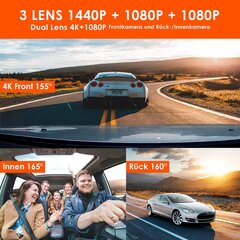 Vantrue N4 3 Lens Dashcam 1440p + Dual 1080p Camera Auto, 4K 3840x 2160p спереди, ночное видение инфракрасного ночного, 24/7, режим парка, WDR 2,45 дюйма IPS, теплостойкий Super-Concacitor Desmor Max 512GB цена и информация | Видеорегистраторы | pigu.lt