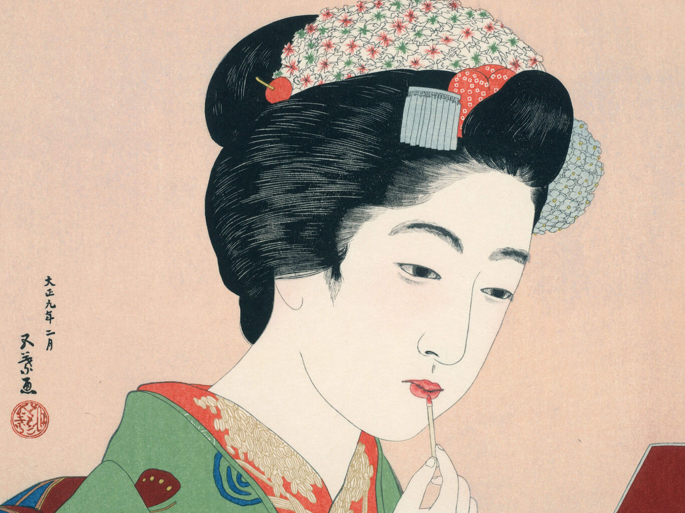 Reprodukcija Woman Applying Rouge (Goyō Hashiguchi), 100x70 cm kaina ir informacija | Reprodukcijos, paveikslai | pigu.lt