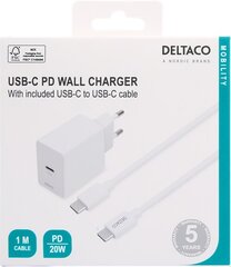 Deltaco USB-C 1x USB-C PD 20 Вт, 1 м цена и информация | Зарядные устройства для телефонов | pigu.lt