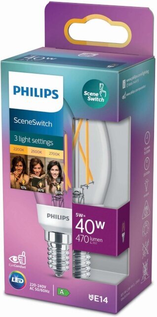 Philips LED Classic scenos jungiklis ekv.40W B35 E14 šiltai balta lemputė kaina ir informacija | Elektros lemputės | pigu.lt