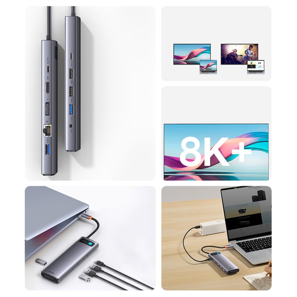 Baseus Metal Gleam HUB USB Type C HDMI / DP / USB Type C / minijack 3.5mm / RJ45 / SD (WKWG020213) цена и информация | Adapteriai, USB šakotuvai | pigu.lt