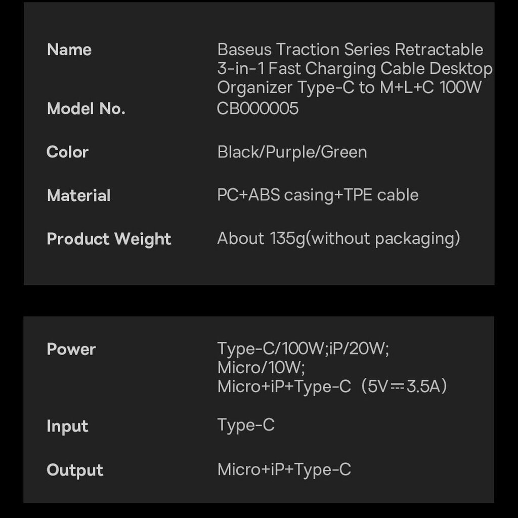 Baseus 3-in-1 USB Type C - Micro USB / USB Type C / Lightning 100W 1.7m (CAQY000005) kaina ir informacija | Adapteriai, USB šakotuvai | pigu.lt