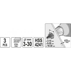Kūginių grąžtų rinkinys metalui 3vnt., 4-30mm цена и информация | Механические инструменты | pigu.lt