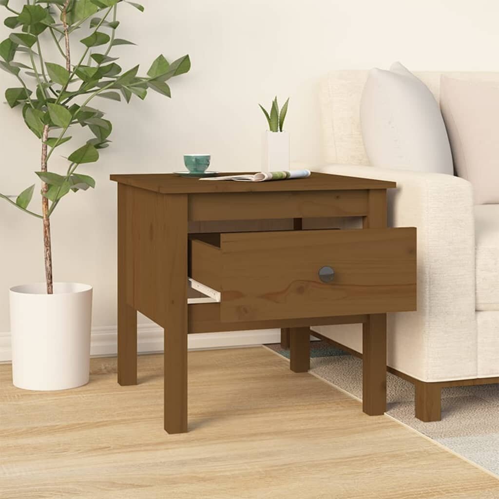 Šoninis staliukas, Pušies medienos masyvas, 50x50x49cm, medaus ruda kaina ir informacija | Kavos staliukai | pigu.lt