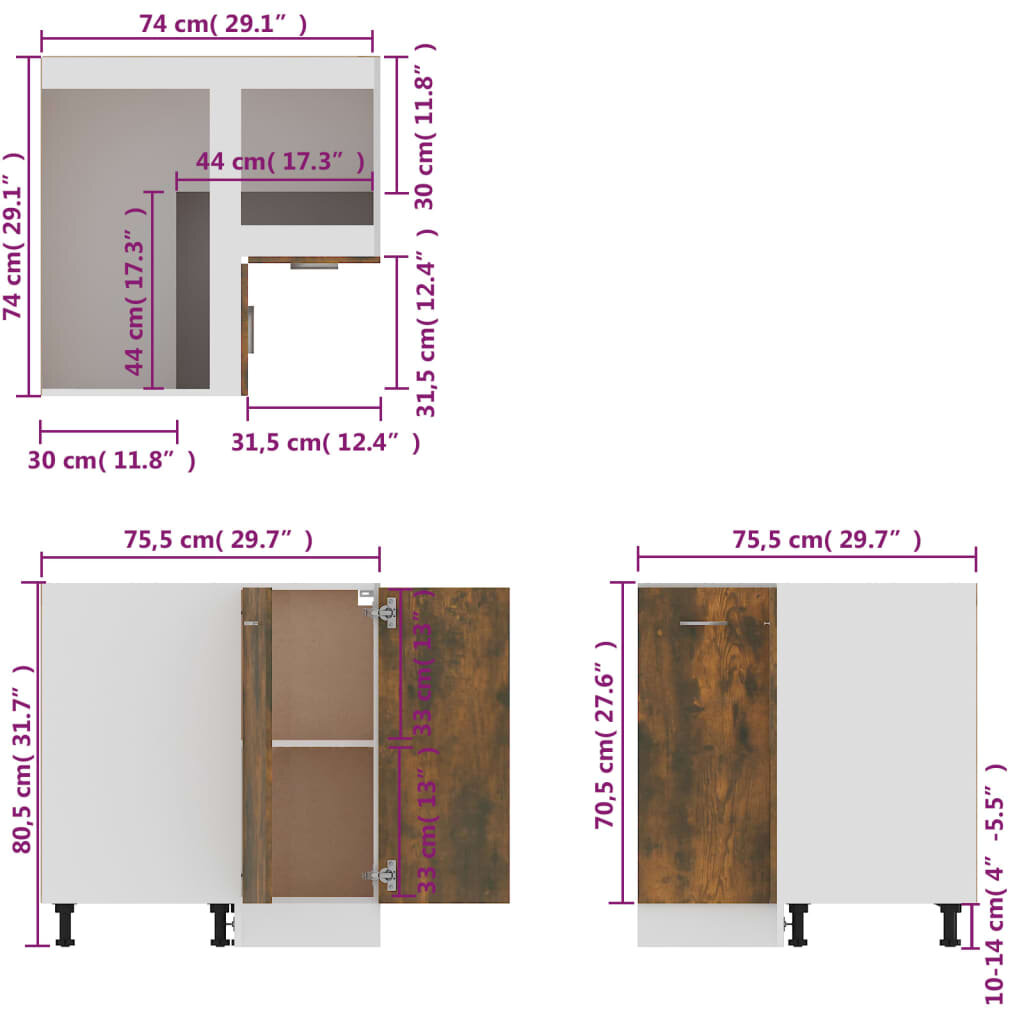 Virtuvės spintelė, dūminio ąžuolo, 75,5x75,5x80,5cm, mediena kaina ir informacija | Virtuvinės spintelės | pigu.lt