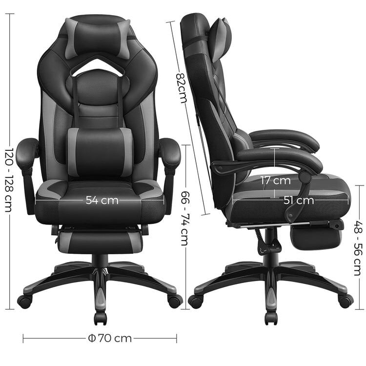 Žaidimų kėdė su kojų atrama SONGMICS OBG77BG, juodai pilka kaina ir informacija | Biuro kėdės | pigu.lt