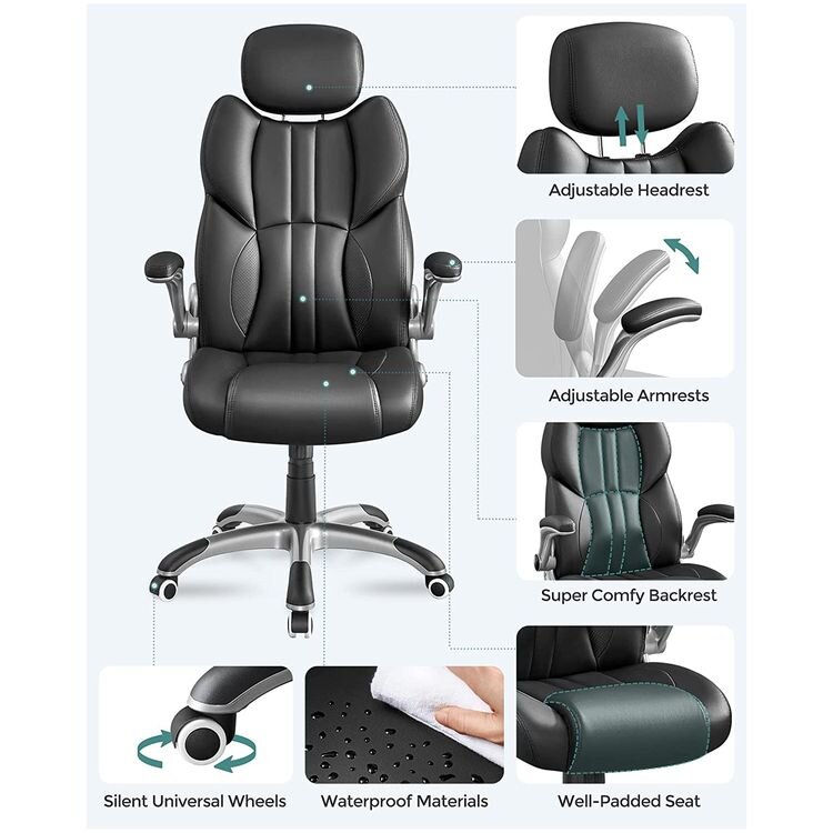 Biuro kėdė su atlenkiamais porankiais SONGMICS OBG65BK kaina ir informacija | Biuro kėdės | pigu.lt