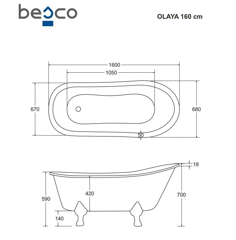 Vonia Besco Olaya Glam 160, Graphite+Chrome kaina ir informacija | Vonios | pigu.lt