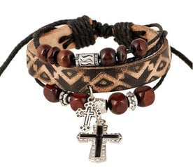 Коричневый кожаный браслет с крестами и деревянными бусинами цена и информация | Женский браслет | pigu.lt