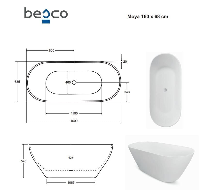 Vonia Besco Moya 160, su Klik-klak Chrome valomu iš viršaus kaina ir informacija | Vonios | pigu.lt