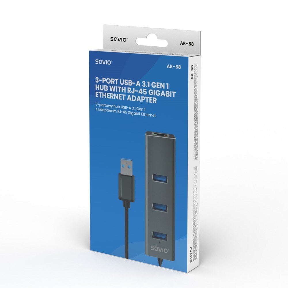 Savio 3-port USB-A 3.1 Gen 1 RJ-45 Gigabit Ethernet kaina ir informacija | Adapteriai, USB šakotuvai | pigu.lt