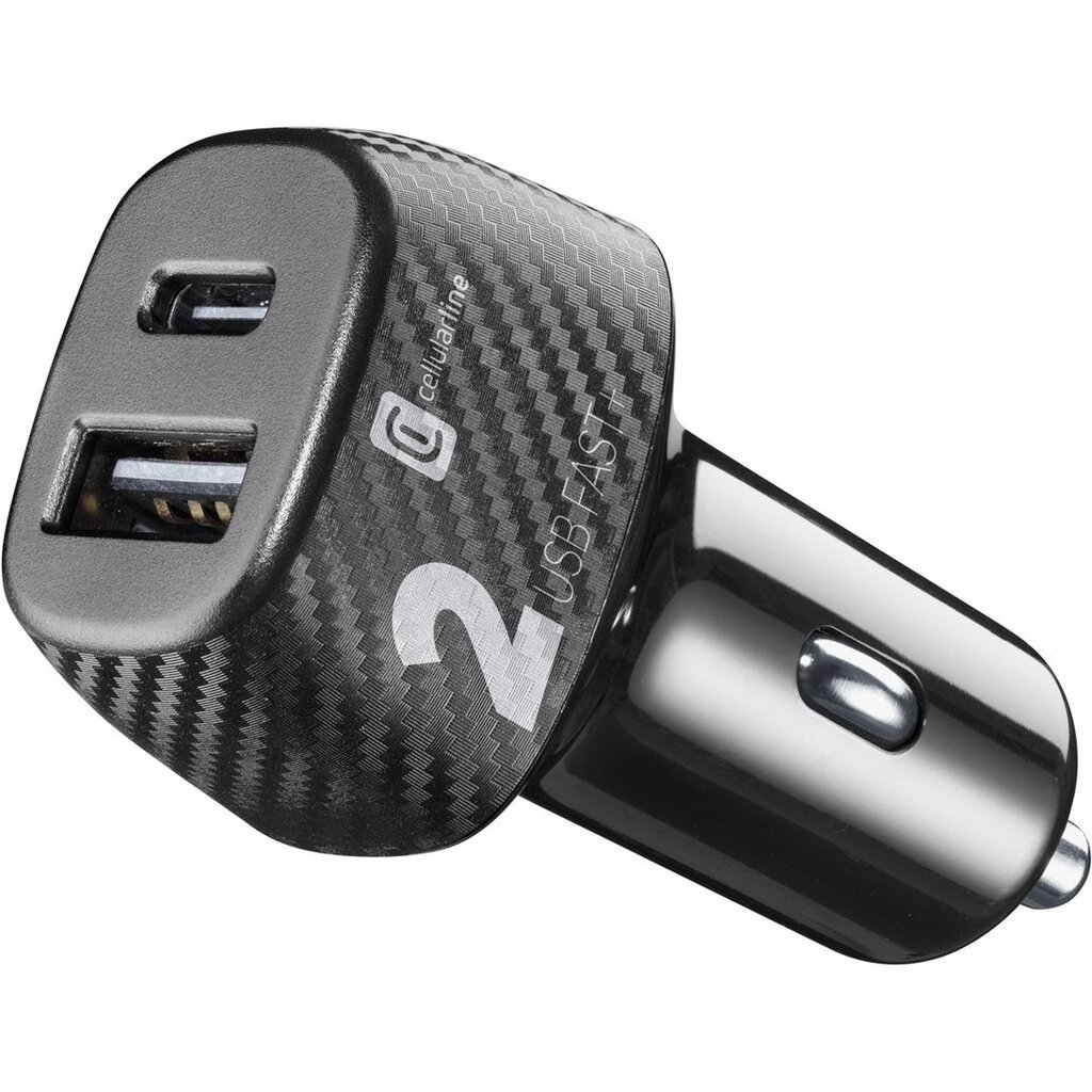 Auto įkroviklis CELLULARLINE 32W, Dual USB, USB-C port, juodas kaina ir informacija | Automobilių 12V el. priedai | pigu.lt