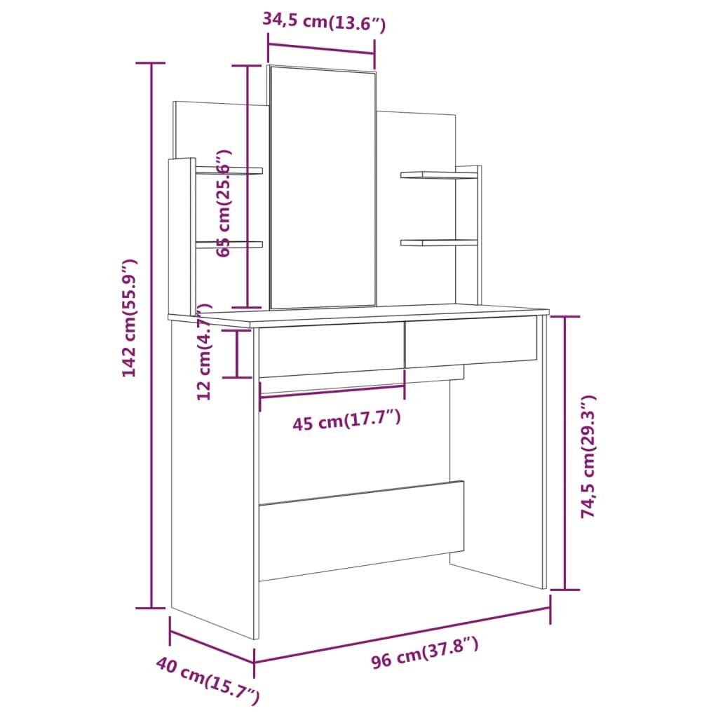 Kosmetinio staliuko komplektas, 96x40x142cm, betono pilka kaina ir informacija | Kosmetiniai staliukai | pigu.lt