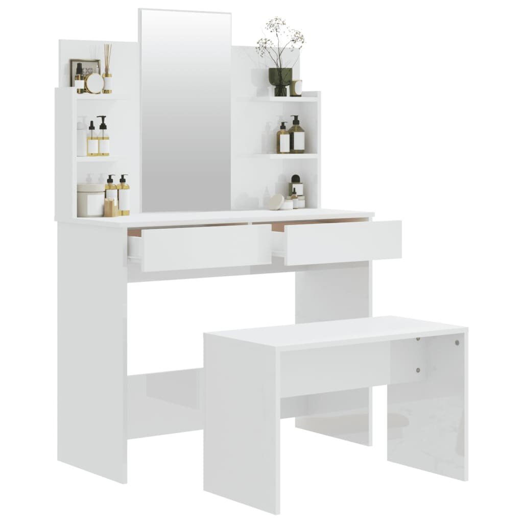 Kosmetinio staliuko komplektas, 96x40x142cm, balta blizgi spalva kaina ir informacija | Kosmetiniai staliukai | pigu.lt