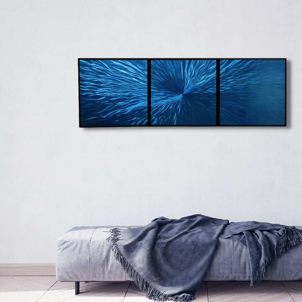 Metalinis rankų darbo 3 dalių paveikslas triptikas Blue Energy 180x60cm kaina ir informacija | Reprodukcijos, paveikslai | pigu.lt