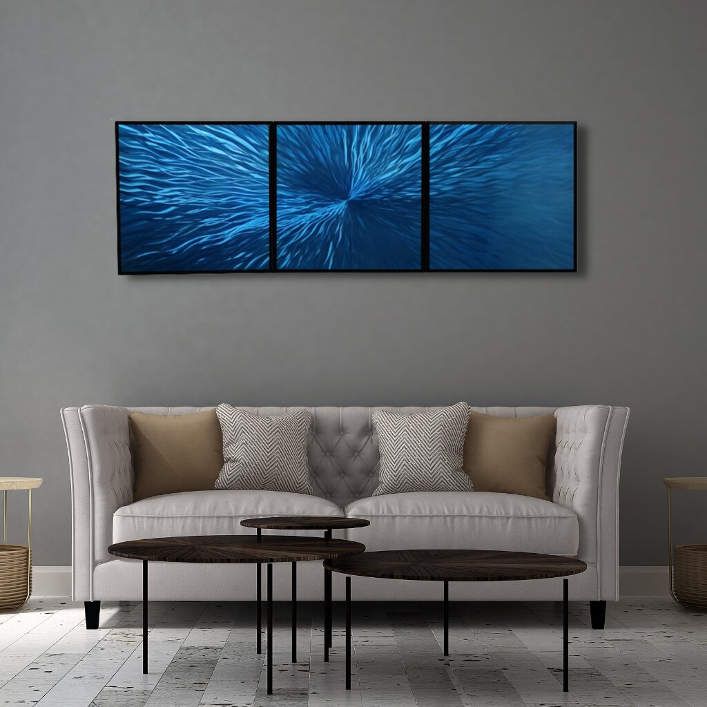 Metalinis rankų darbo 3 dalių paveikslas triptikas Blue Energy 180x60cm kaina ir informacija | Reprodukcijos, paveikslai | pigu.lt