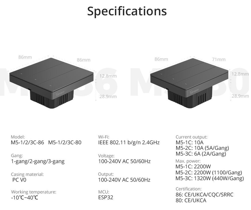 Jungiklis Sonoff 80mm pločio M5-1C-80 kaina ir informacija | Elektros jungikliai, rozetės | pigu.lt