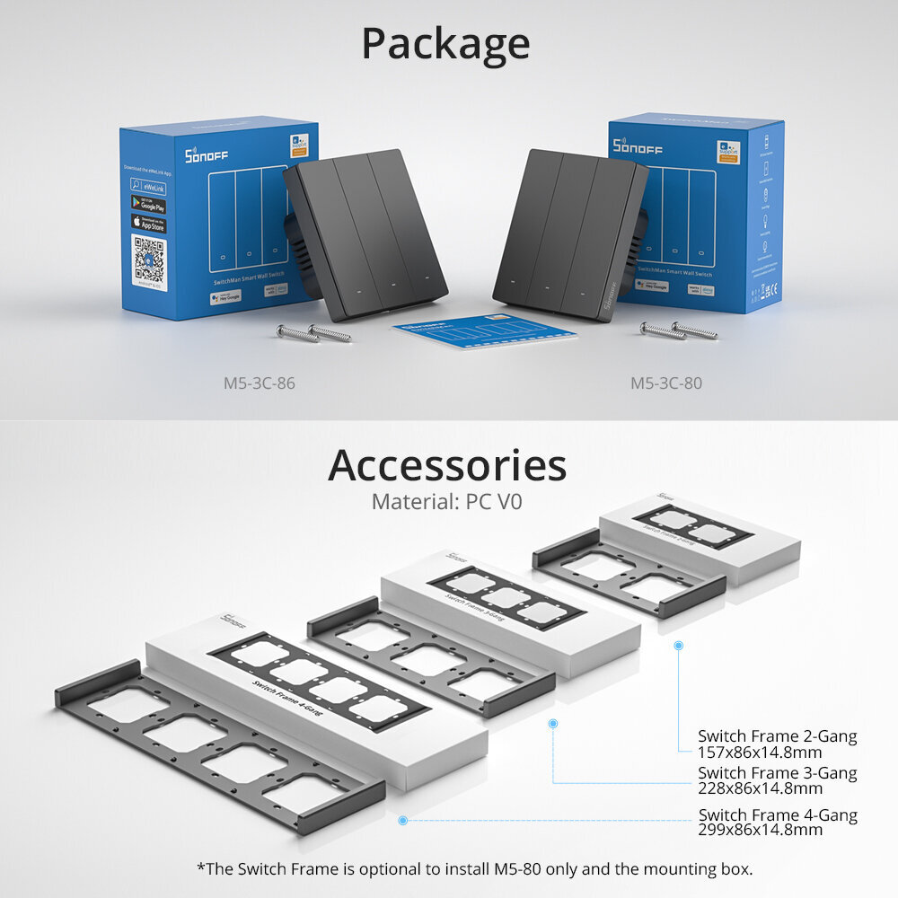 Jungiklis Sonoff 80mm pločio M5-2C-80 kaina ir informacija | Elektros jungikliai, rozetės | pigu.lt