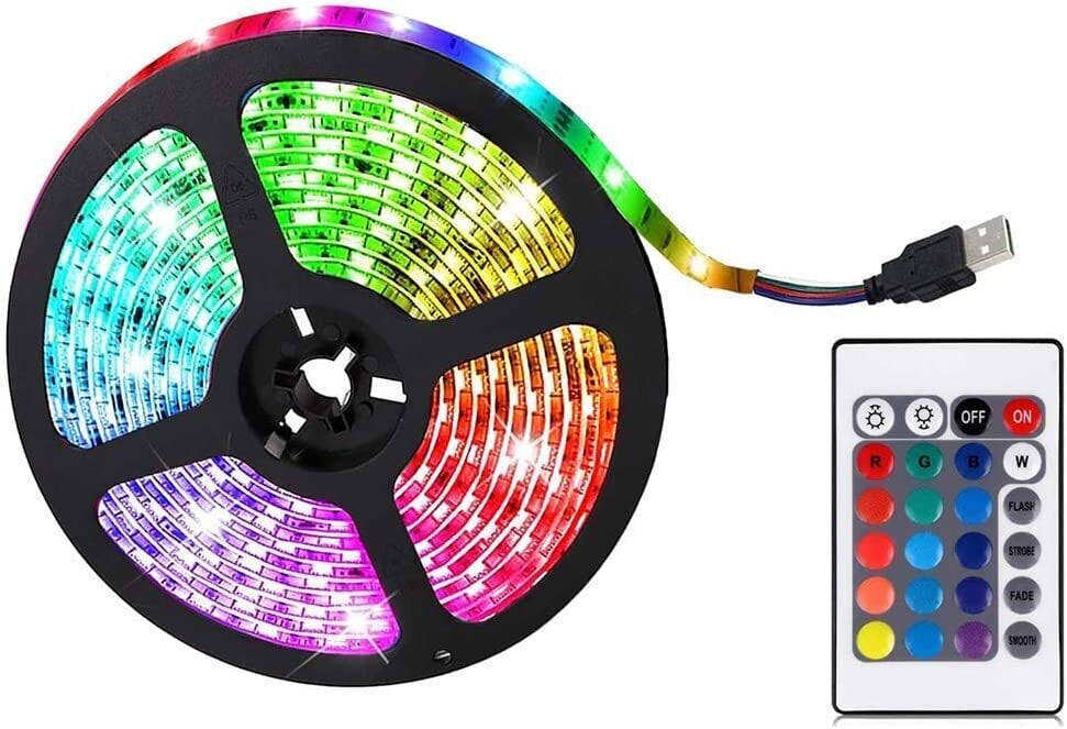 RGB LED juosta 5m su maitinimo šaltiniu ir nuotolinio valdymo pulteliu цена и информация | LED juostos | pigu.lt