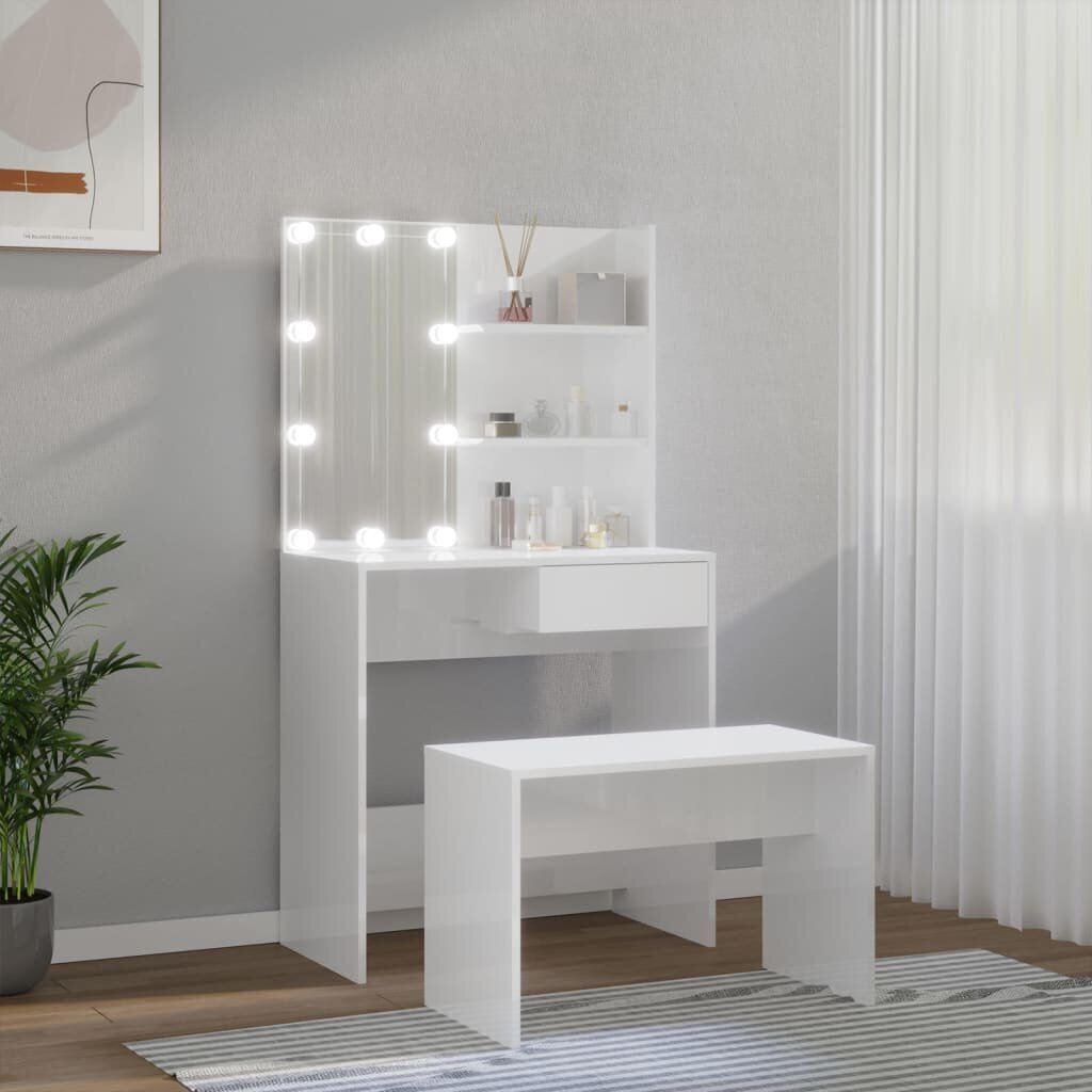 Kosmetinio staliuko komplektas su LED, Apdirbta mediena, balta blizgi spalva kaina ir informacija | Kosmetiniai staliukai | pigu.lt