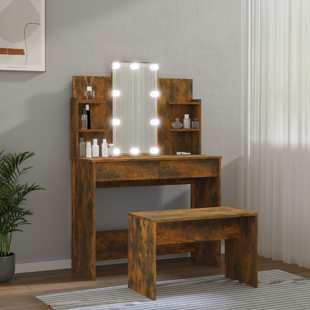Kosmetinio staliuko komplektas su LED, Mediena, dūminio ąžuolo spalva kaina ir informacija | Kosmetiniai staliukai | pigu.lt