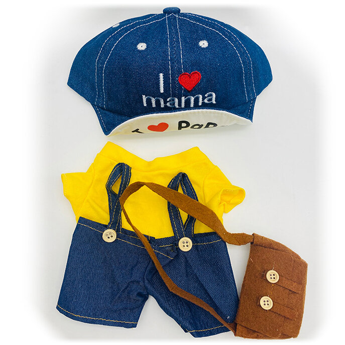 Drabužiai antinui Lalafanfan: mėlynas kombinezonas su geltonais marškinėliais, kepure, rankine цена и информация | Minkšti (pliušiniai) žaislai | pigu.lt