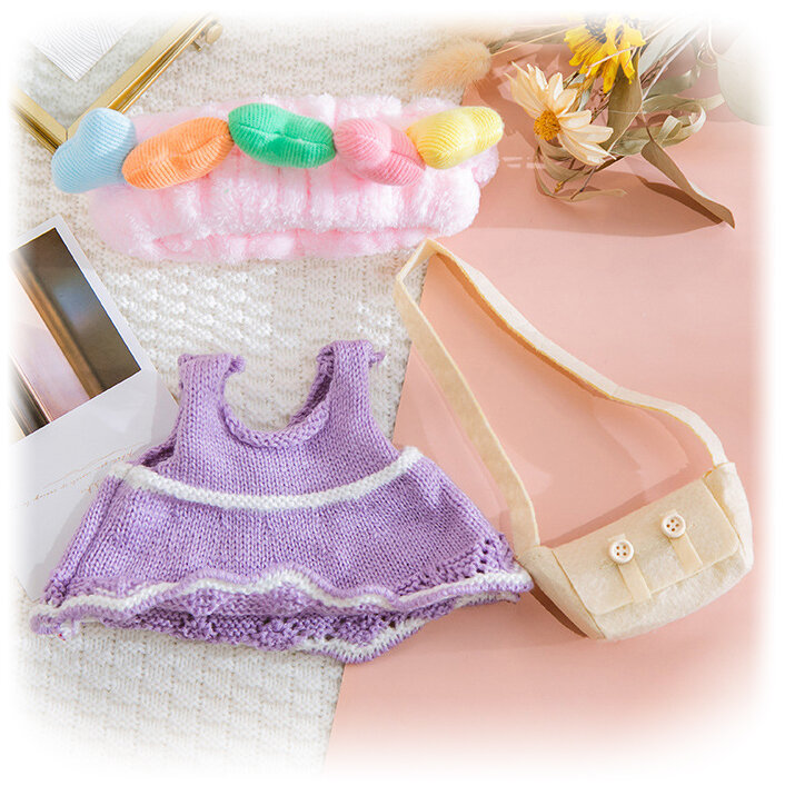 Drabužiai antinui Lalafanfan: violėtinė suknelė, galvos juosta, rankinė kaina ir informacija | Minkšti (pliušiniai) žaislai | pigu.lt
