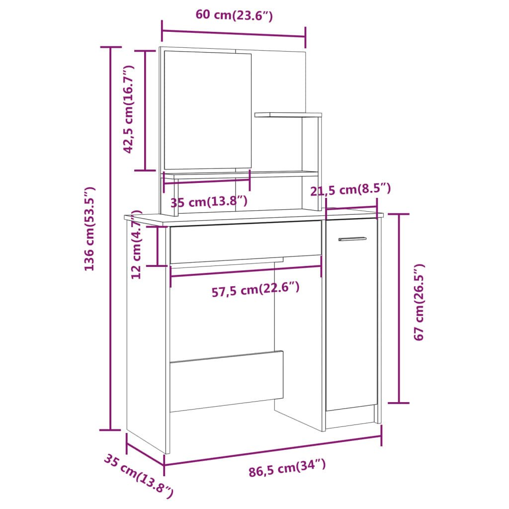 Kosmetinio staliuko komplektas, 86,5x35x136cm, ruda ąžuolo spalva kaina ir informacija | Kosmetiniai staliukai | pigu.lt