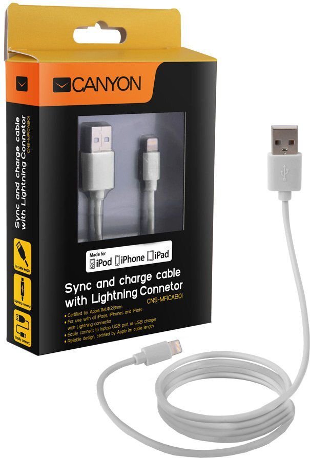 Canyon CNS-MFICAB01W, Lightning/USB-A, 1 m kaina ir informacija | Kabeliai ir laidai | pigu.lt