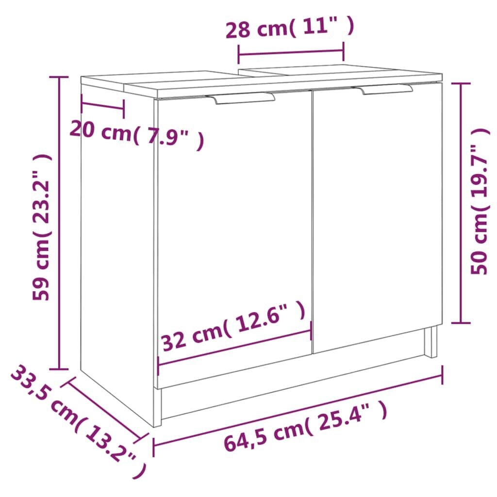 Vonios spintelė, Apdirbta mediena, 64,5x33,5x59cm, balta blizgi spalva kaina ir informacija | Vonios spintelės | pigu.lt