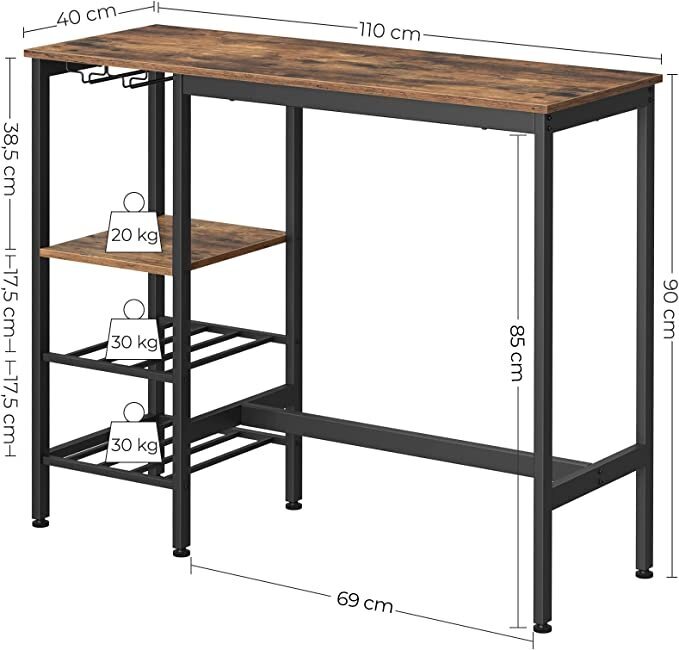 VASAGLE baro stalas su lentynomis LBT013B01 цена и информация | Virtuvės ir valgomojo stalai, staliukai | pigu.lt