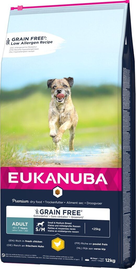 Eukanuba Grain Free Adult small/medium breed suuagusiems mažų/vidutinių veislių šunims su vištiena, 12 kg kaina ir informacija | Sausas maistas šunims | pigu.lt