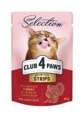 club 4 Paws Premium suaugusioms katėms, juostelės su kalakutiena kreminėje morkų sriuboje, 85 g x 12 vnt. kaina ir informacija | Konservai katėms | pigu.lt